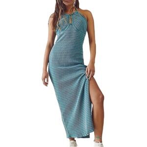 Sleeveless Teal Striped Halter Maxi Dress